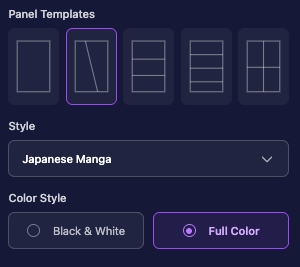 Selecting panel template, style, and color in the AI manga generator