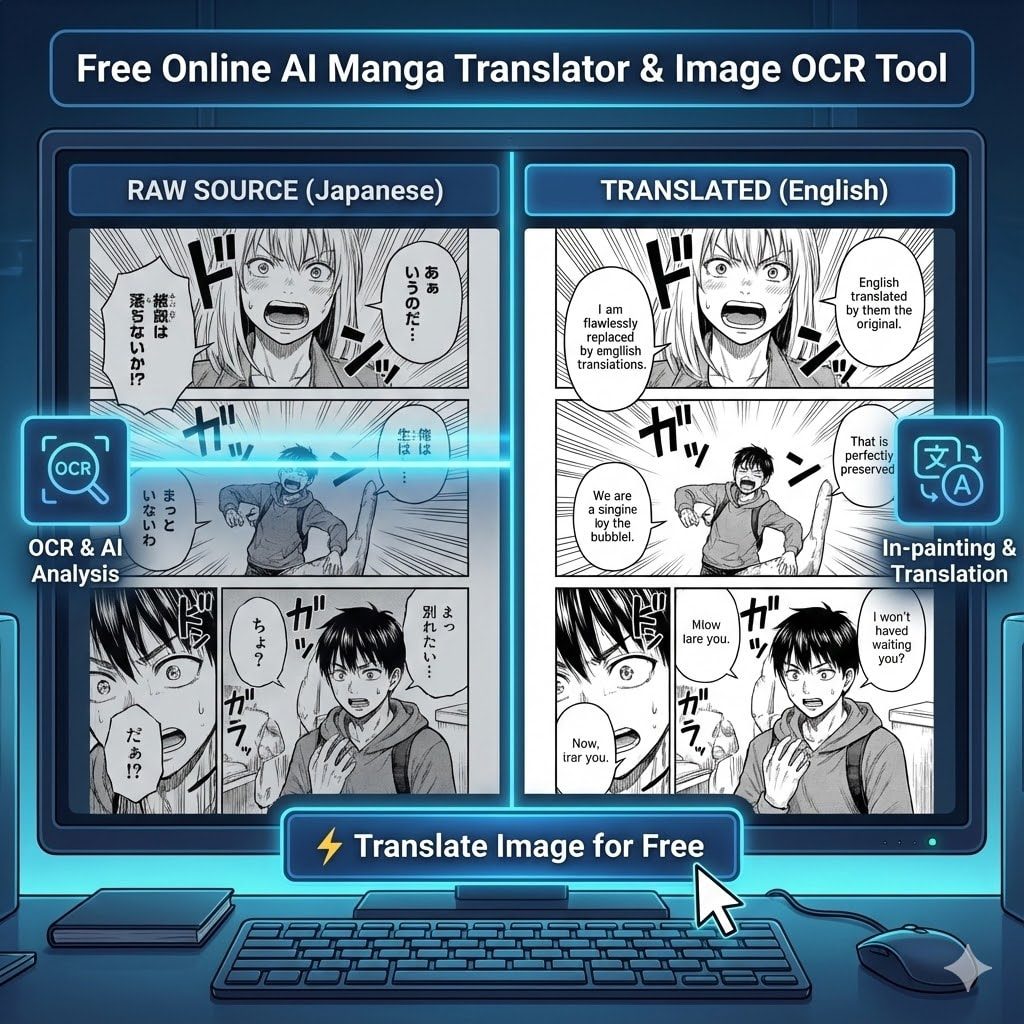 AI manga translator tool interface converting raw Japanese text to English with bubble in-painting