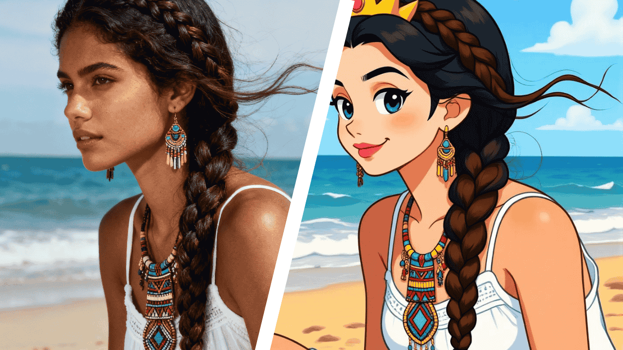 Side-by-side comparison of a realistic photograph of a woman on a beach and an anime-style drawing of the same subject.