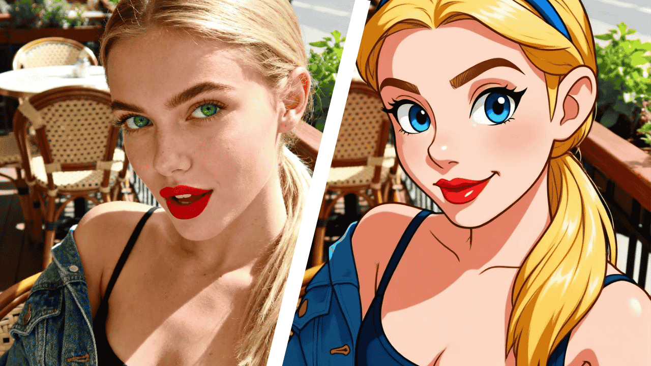 A side-by-side comparison showing a realistic photo of a blonde woman with red lipstick at a cafe next to a stylized digital cartoon drawing of the same image
