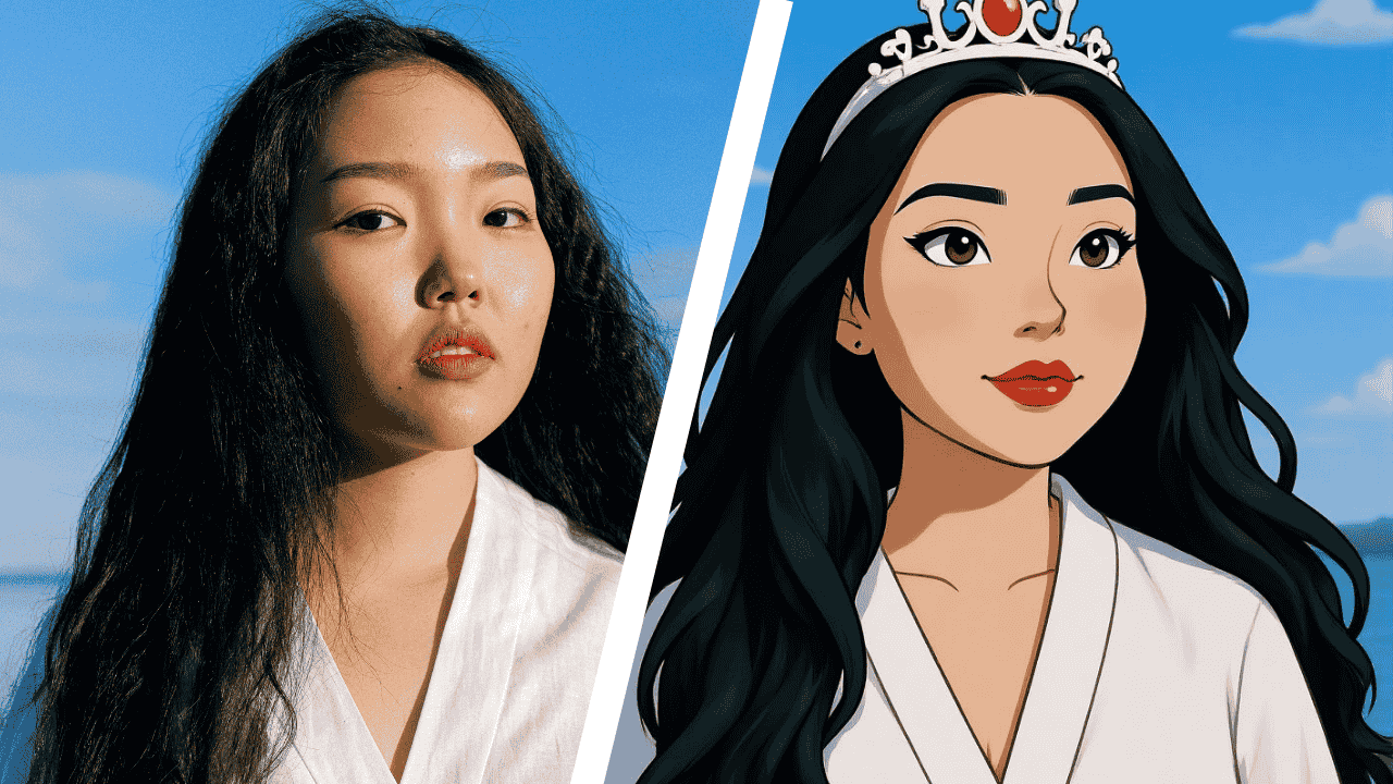 Side-by-side comparison of a photograph of a woman and a Disney-style cartoon illustration of her as a princess.