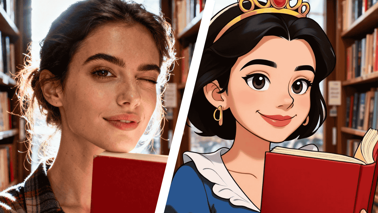 Side-by-side comparison of a realistic woman winking with a red book versus an animated Snow White character reading in a library.