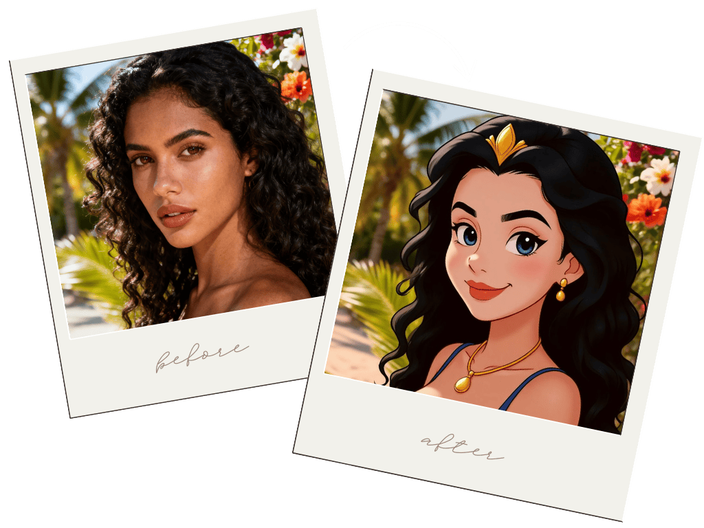 Before and after comparison of a woman with dark curly hair transformed into a Disney-style cartoon princess. The left side shows the original realistic photograph, while the right side displays an AI-generated animated character with a golden tiara.