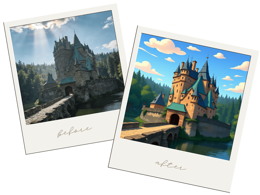Photo-to-art transformation of a stone castle on the water. The split image demonstrates a realistic landscape photo converted into a vibrant, storybook-style digital illustration using an AI cartoon filter.