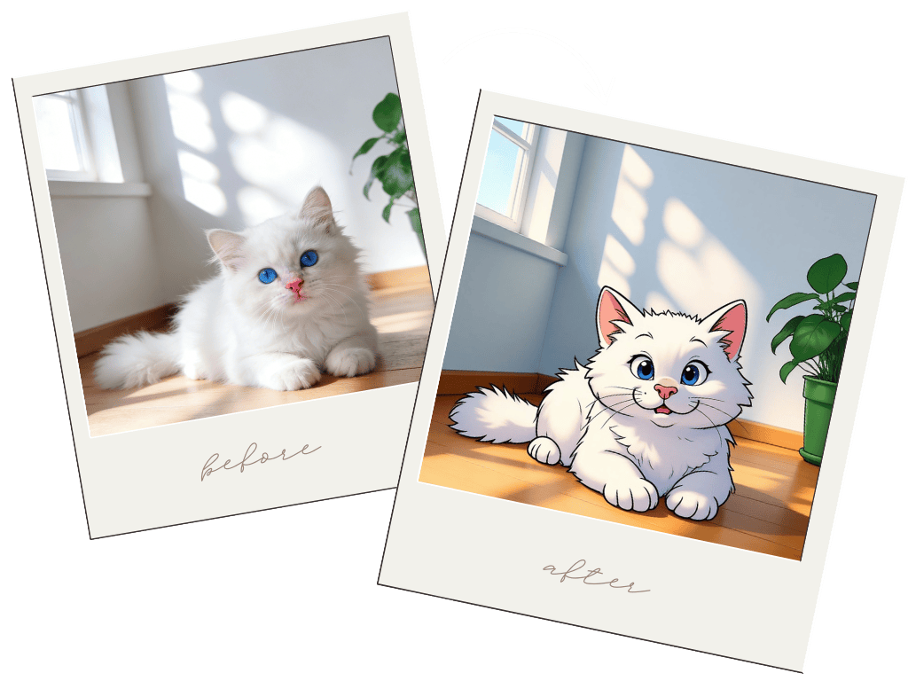 AI pet portrait comparison showing a fluffy white kitten with blue eyes transformed into a cute 3D animation style character. Before and after photo-to-cartoon effect for pets.