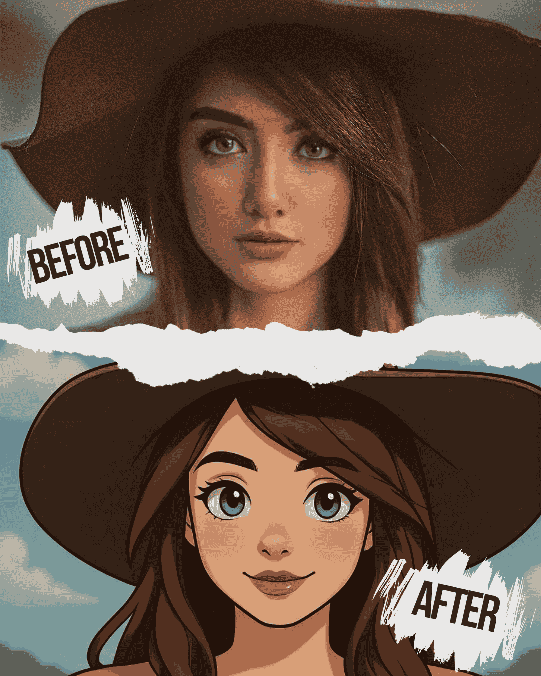 Split-screen comparison of a woman wearing a wide-brimmed hat before and after applying an AI art filter. The realistic portrait is seamlessly converted into a stylized 2D animated character illustration.