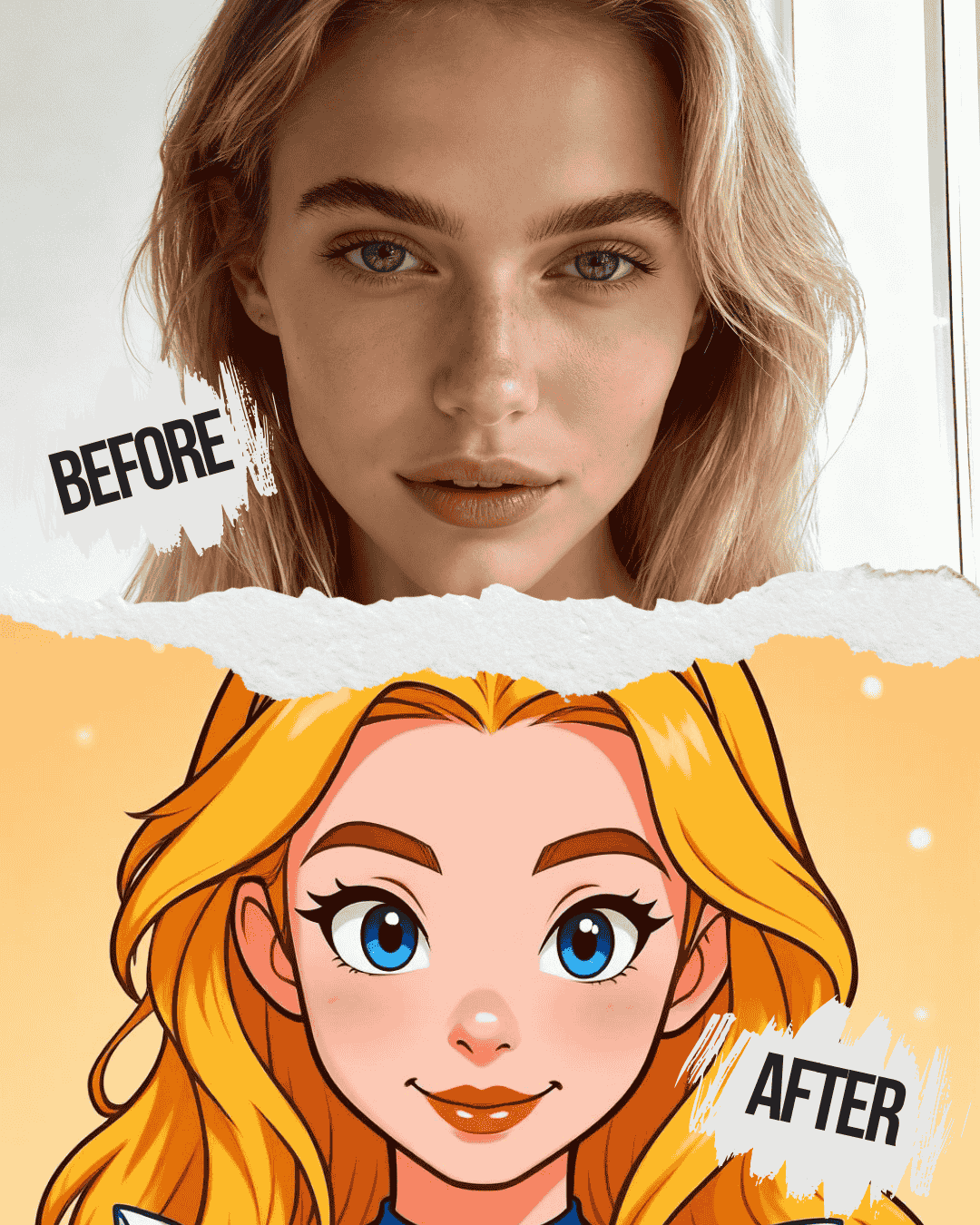 Close-up portrait of a blonde woman transformed into a colorful anime-style character. A before and after demonstration of an AI photo-to-cartoon generator tool using a torn paper visual effect.