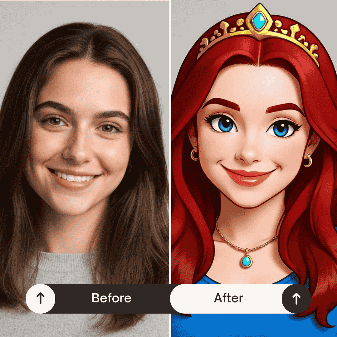 A split-screen comparison labeled 'Before and After' showing a realistic photo of a smiling woman on the left and an AI-generated, Disney-style cartoon princess version of her on the right.