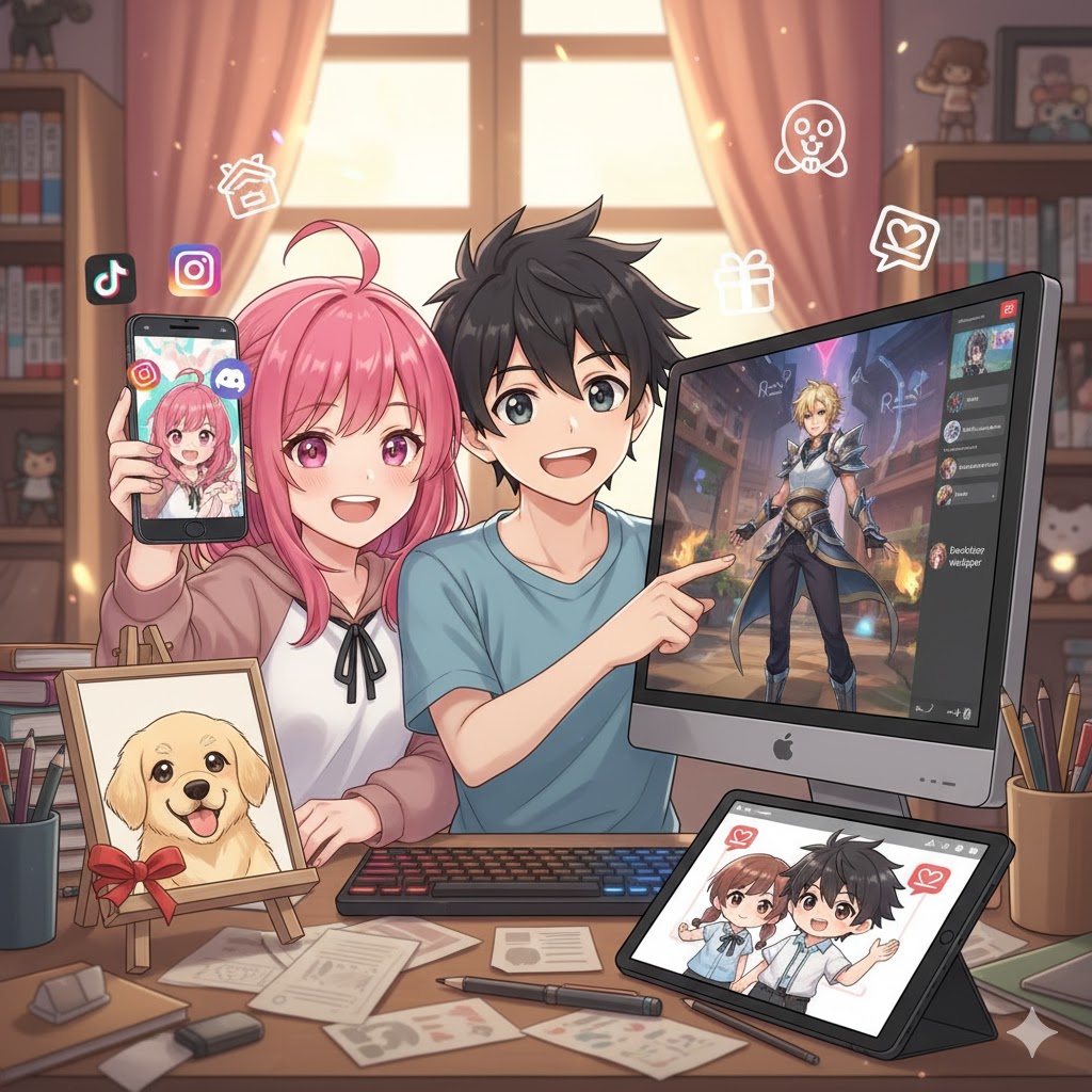 A phone and laptop showing the cartoon avatar on social media.