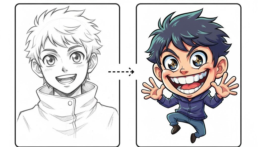 A photo turned into a black and white sketch and a color caricature.