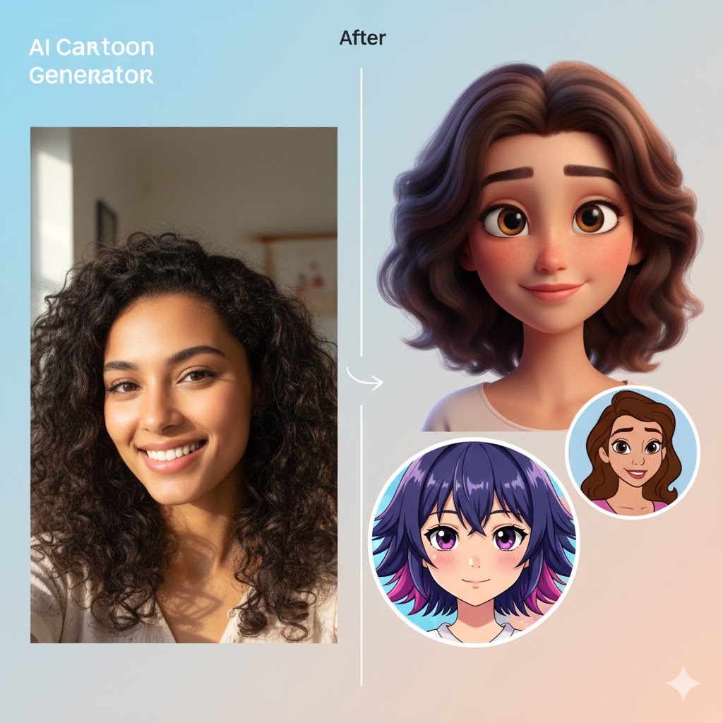 An AI generated before and after image showing a photo of a person turned into a cartoon style.
