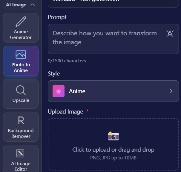 Uploading a photo to the AI cartoon generator.