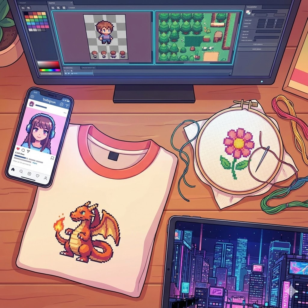 Montage of pixel art uses including Unity game sprites, Discord PFPs, Twitch emotes, and cross-stitch patterns.