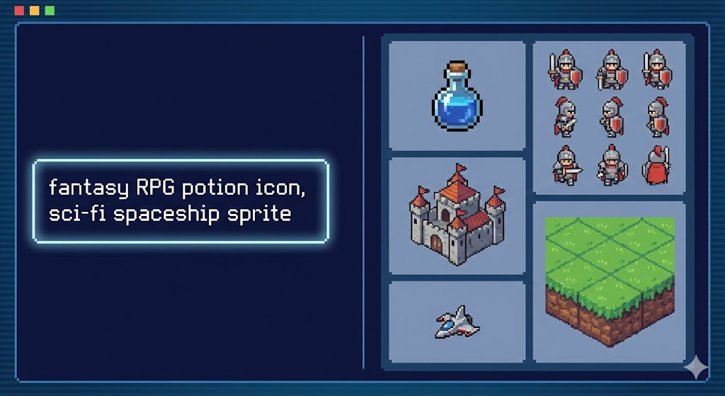 Collection of pixel art game assets for RPG and platformer games generated from text.