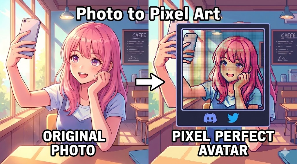 Portrait photo transformed into a retro pixel art avatar for social media.