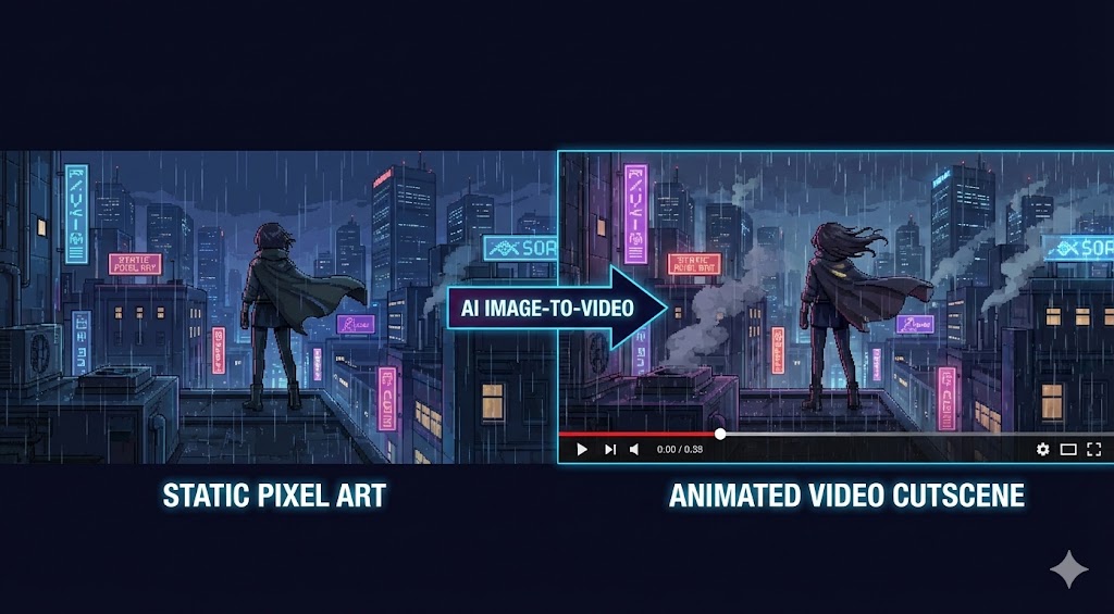 Static pixel art converted into a moving video using AI technology.