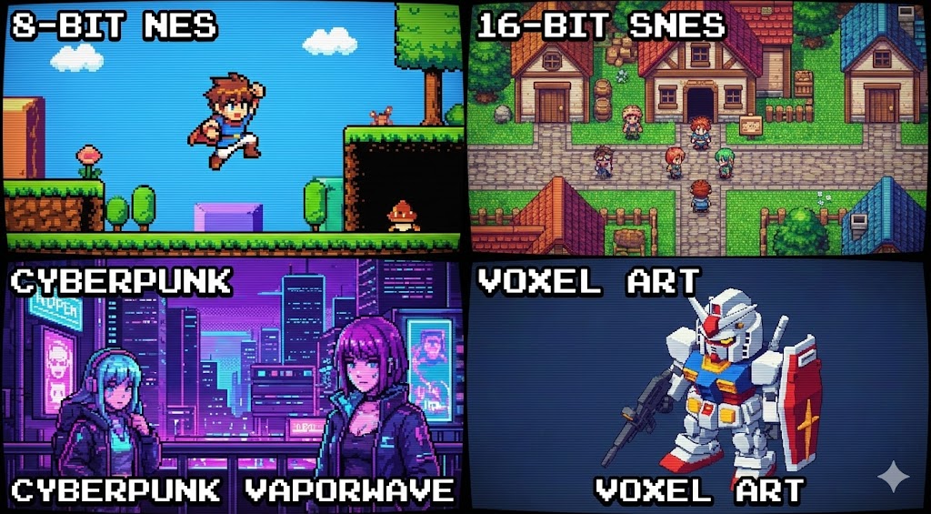 Showcase of different pixel art styles including 8-bit, 16-bit, Cyberpunk, and isometric views.