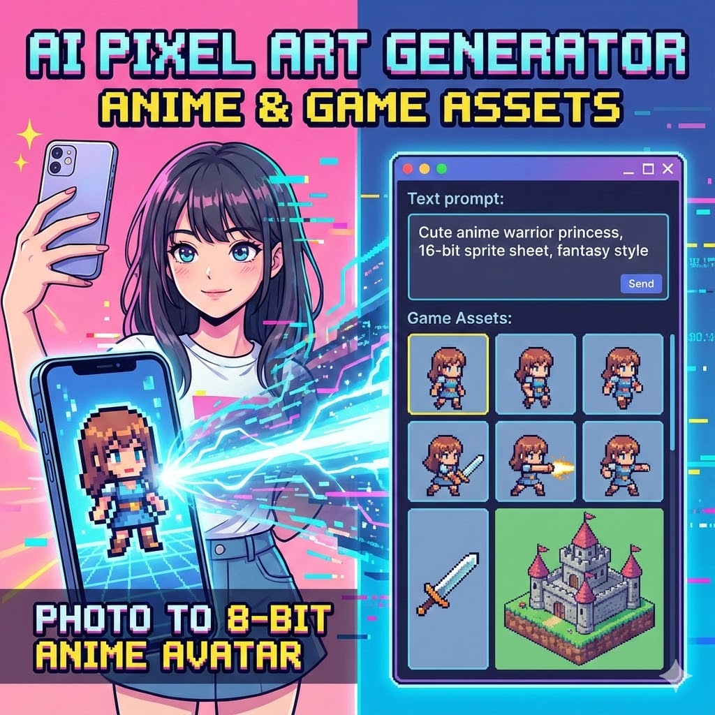 AI pixel art generator interface demonstrating text to pixel game assets and photo to 8-bit avatar conversion.