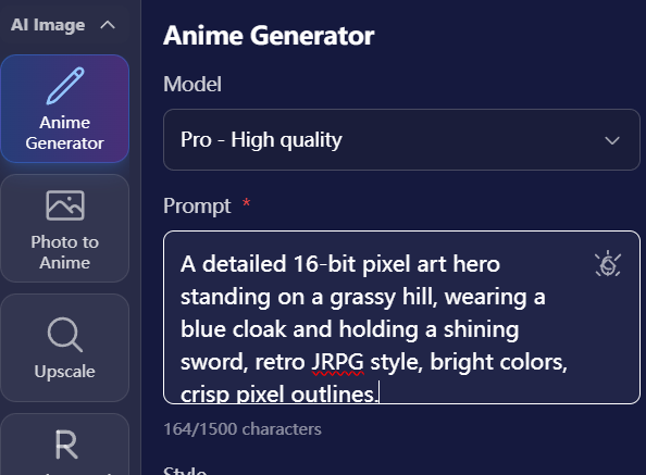 Selecting between text or image input mode and choosing the Pro AI model.