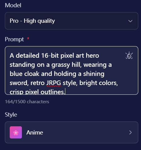 Typing a pixel art prompt into the text box.
