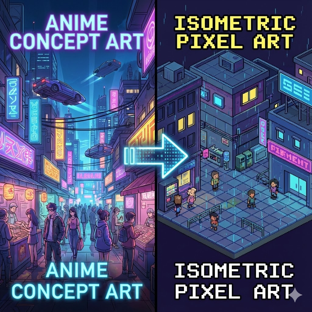 Detailed isometric pixel art city scene for RPG game background.