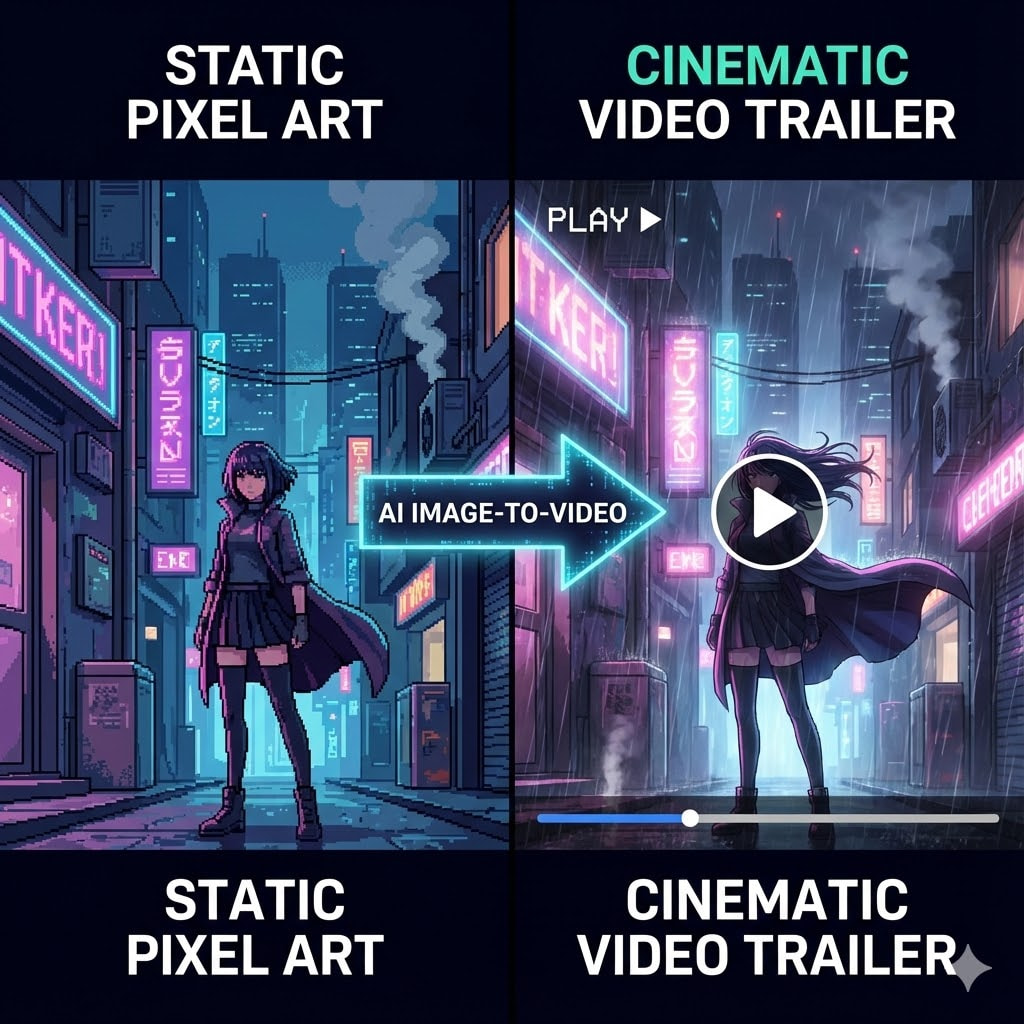 Pixel art character converted into a cinematic video trailer.