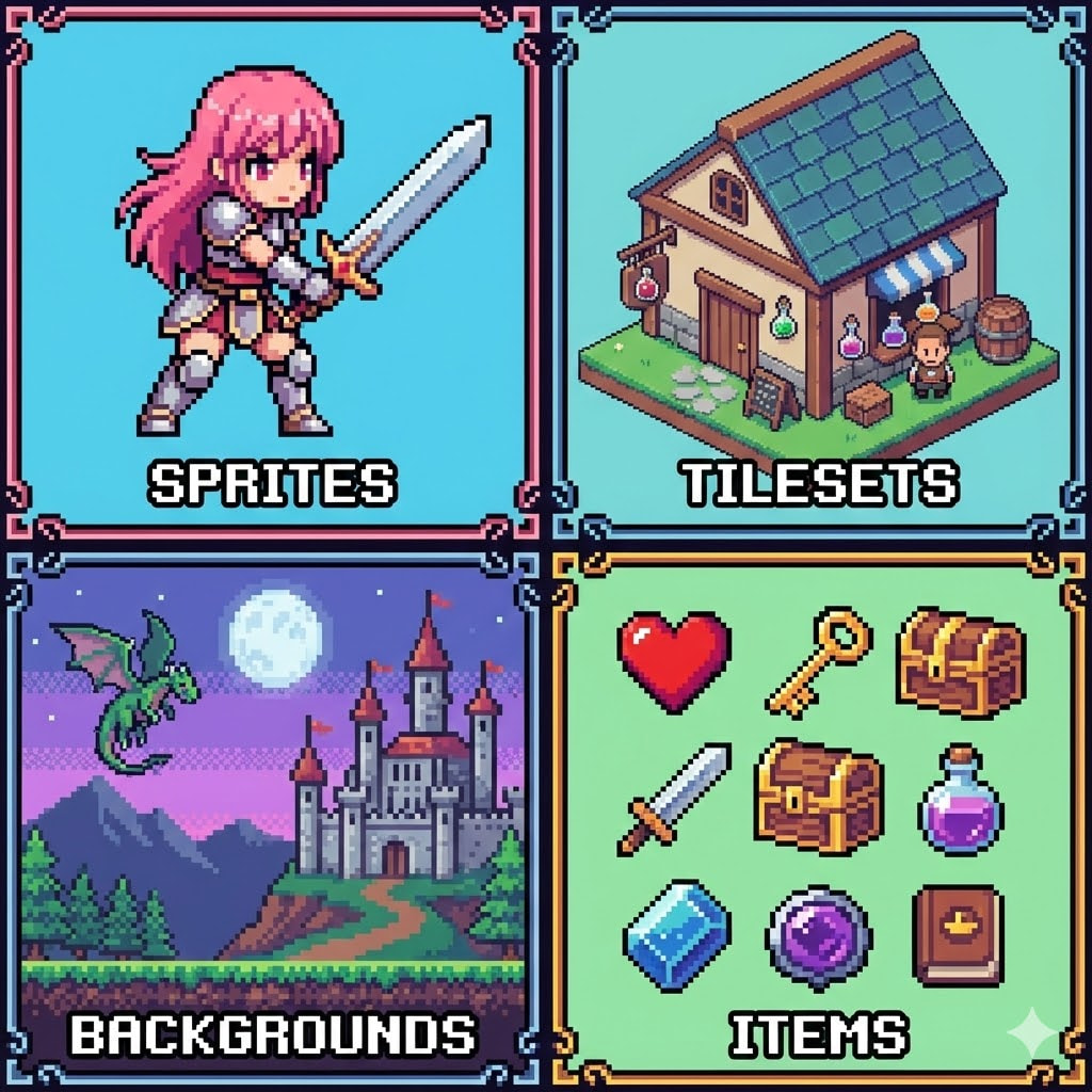 Collage of AI-generated pixel art assets including RPG characters, isometric buildings, and retro anime avatars.