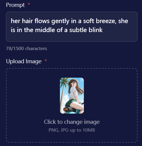 Entering specific motion instructions like "hair swaying in the wind" into the text box