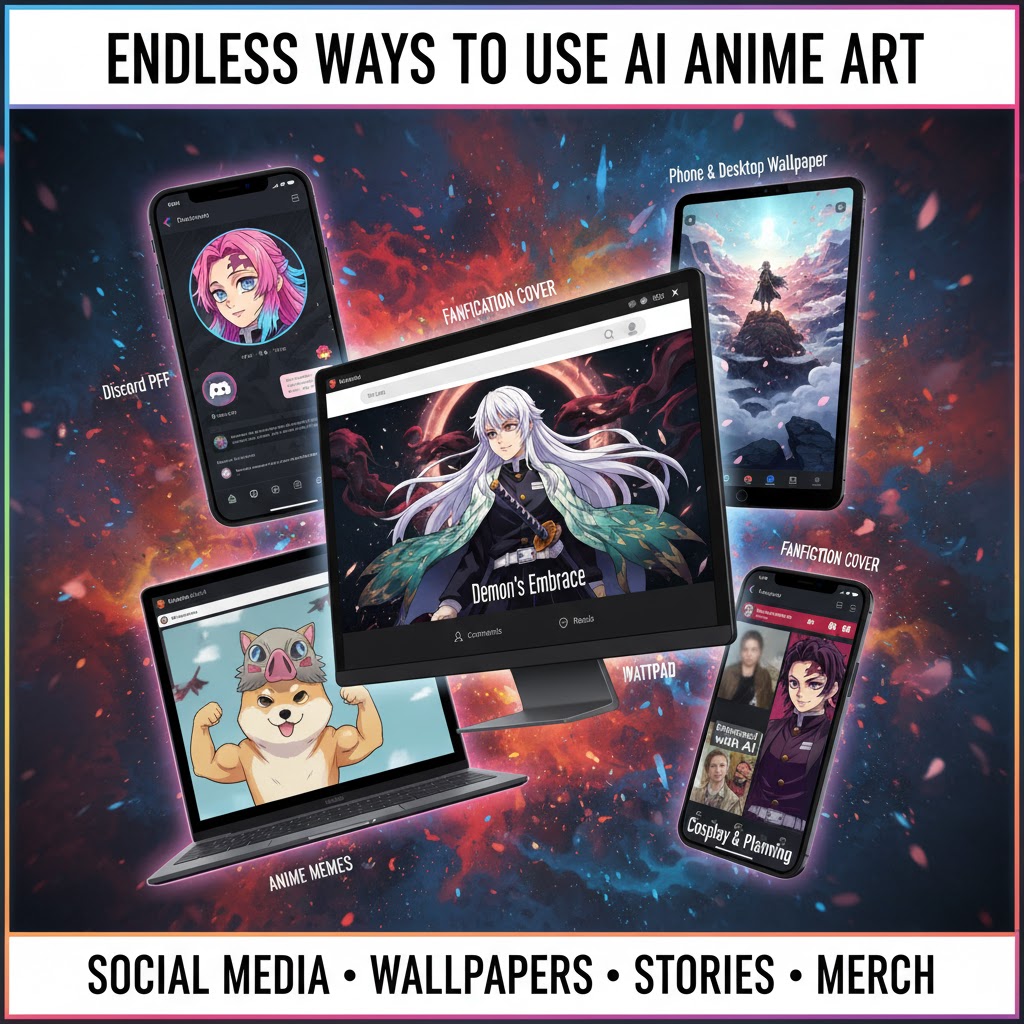 Various screens displaying AI-generated Demon Slayer art as social media avatars, fanfiction covers, and wallpapers.