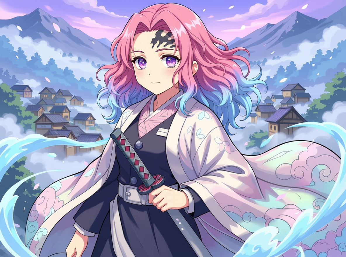 AI generated Kimetsu no Yaiba Original Character (OC) created from text prompt with breathing effects.