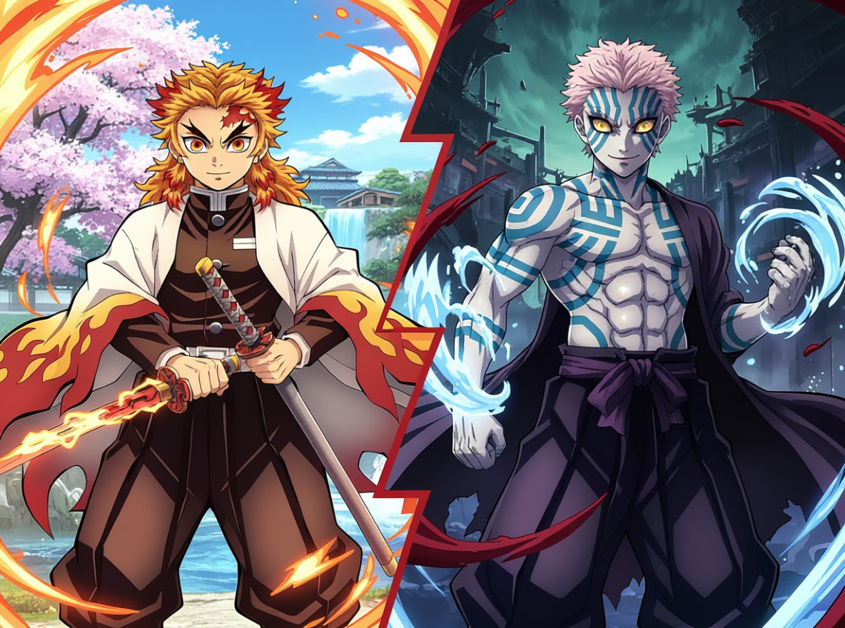 Side by side comparison of Hashira style vs Upper Rank Demon style AI art.