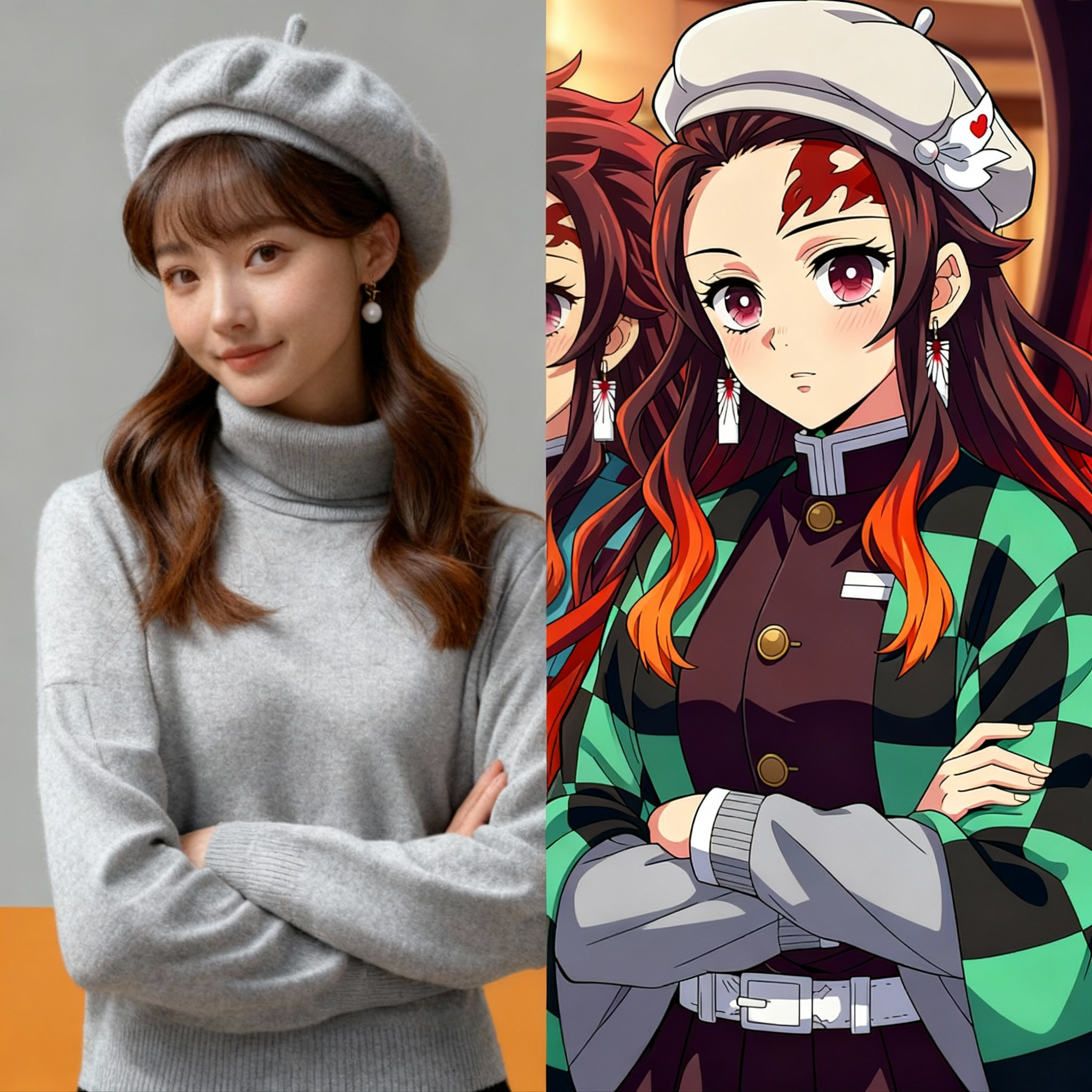 Split screen showing a real photo transformed into a Demon Slayer Hashira style versus a text-generated OC.