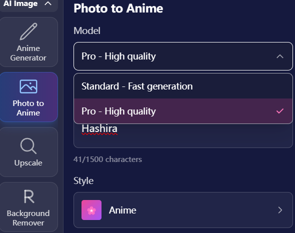 Screenshot of AI model selection interface, highlighting Pro and Free options.