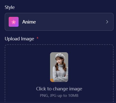 Uploading a photo and entering a text prompt to describe desired Demon Slayer character transformation.