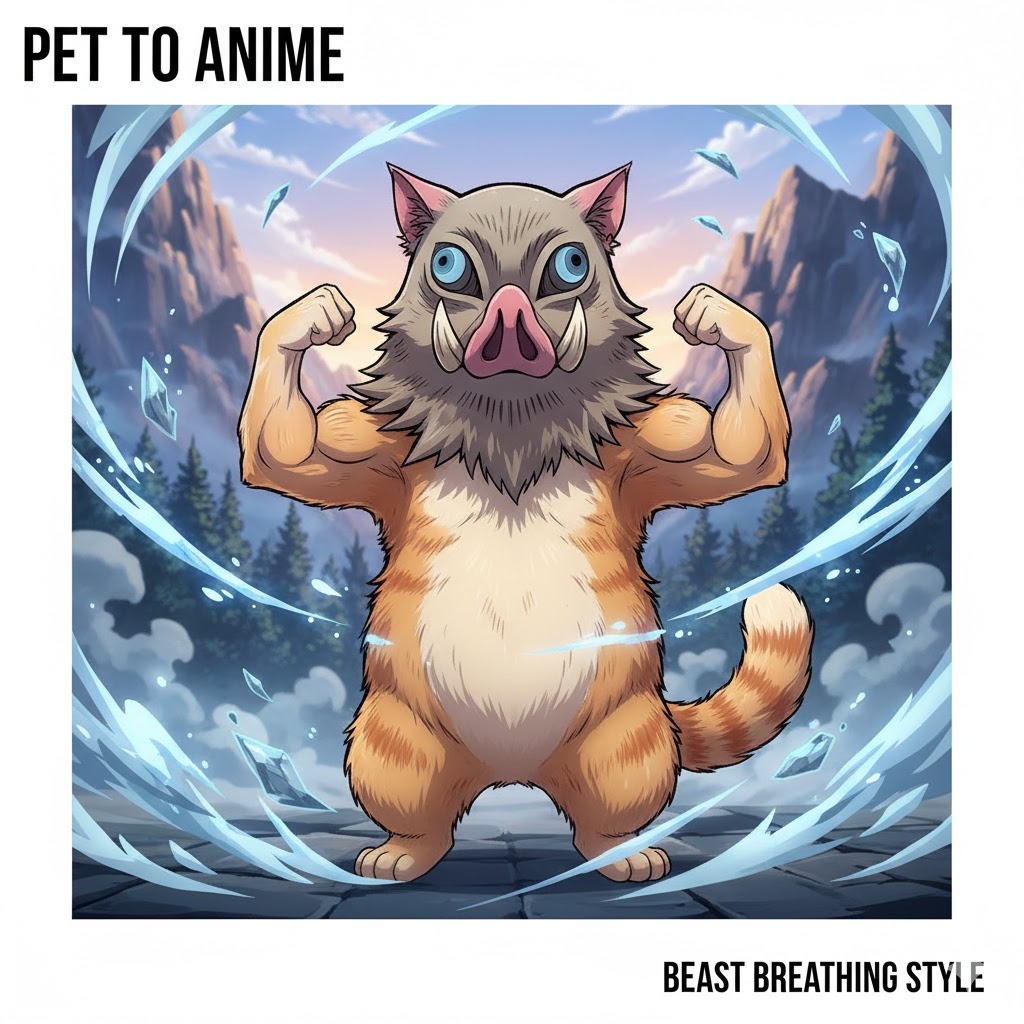 Pet dog transformed into Inosuke style anime character using Beast Breathing.