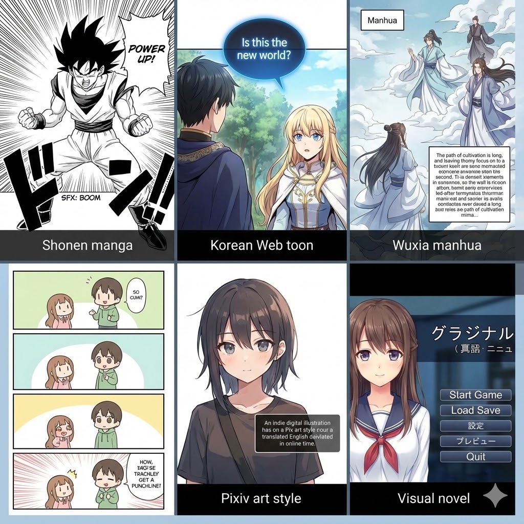 Collage showing how we manga translate different styles including Manhwa, Manhua and Pixiv art