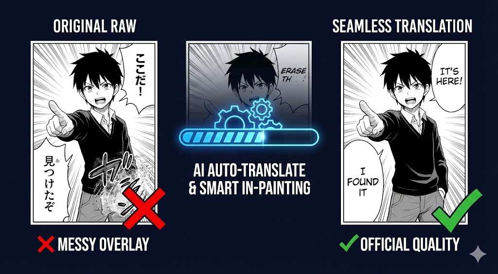 AI auto-translating manga from Japanese to English with smart in-painting