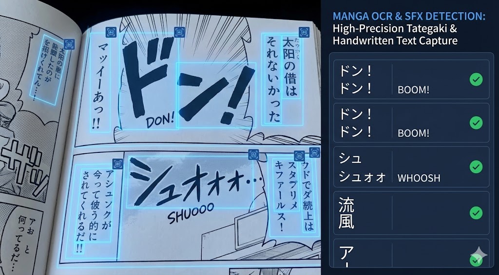 High-precision Manga OCR detecting vertical Kanji and sound effects