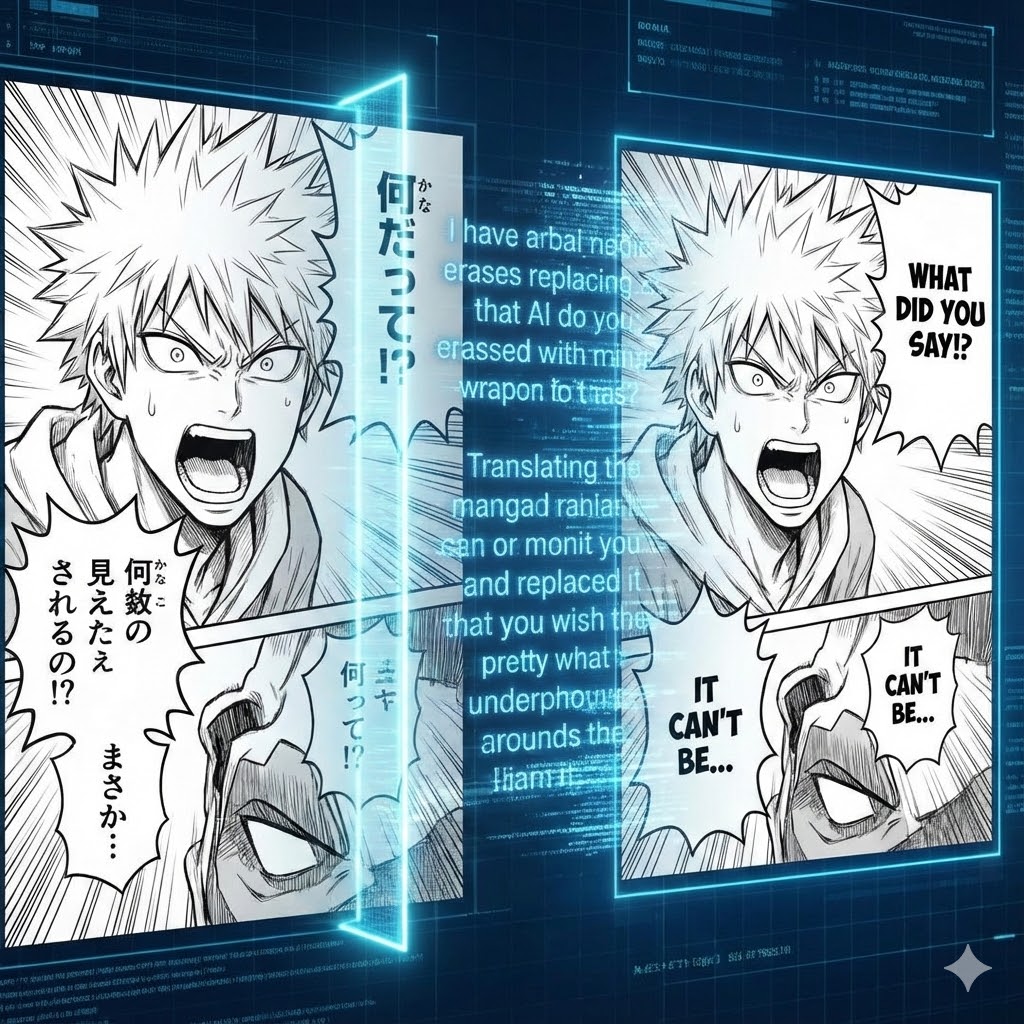 Demo showing raw Japanese manga turning into English with AI comic translation and text in-painting