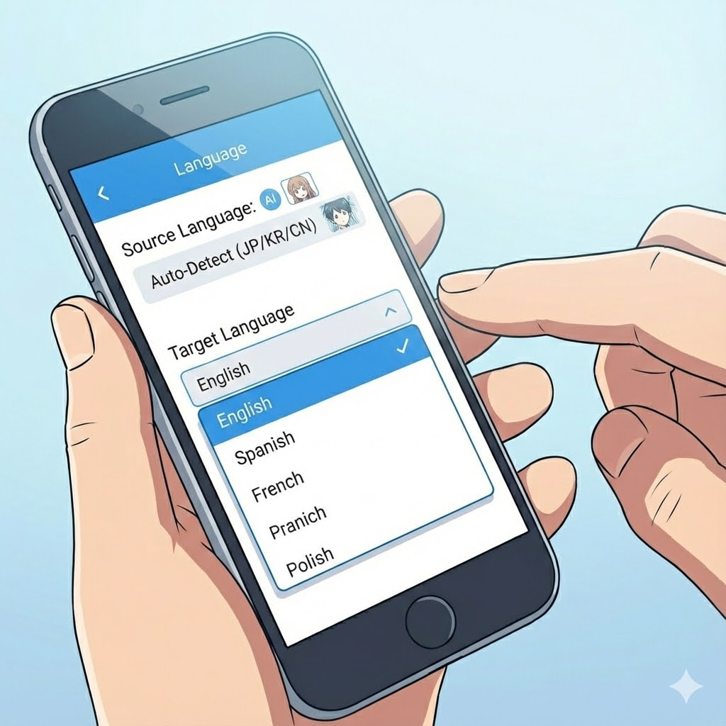 Selecting target translation language (English) in the dropdown
