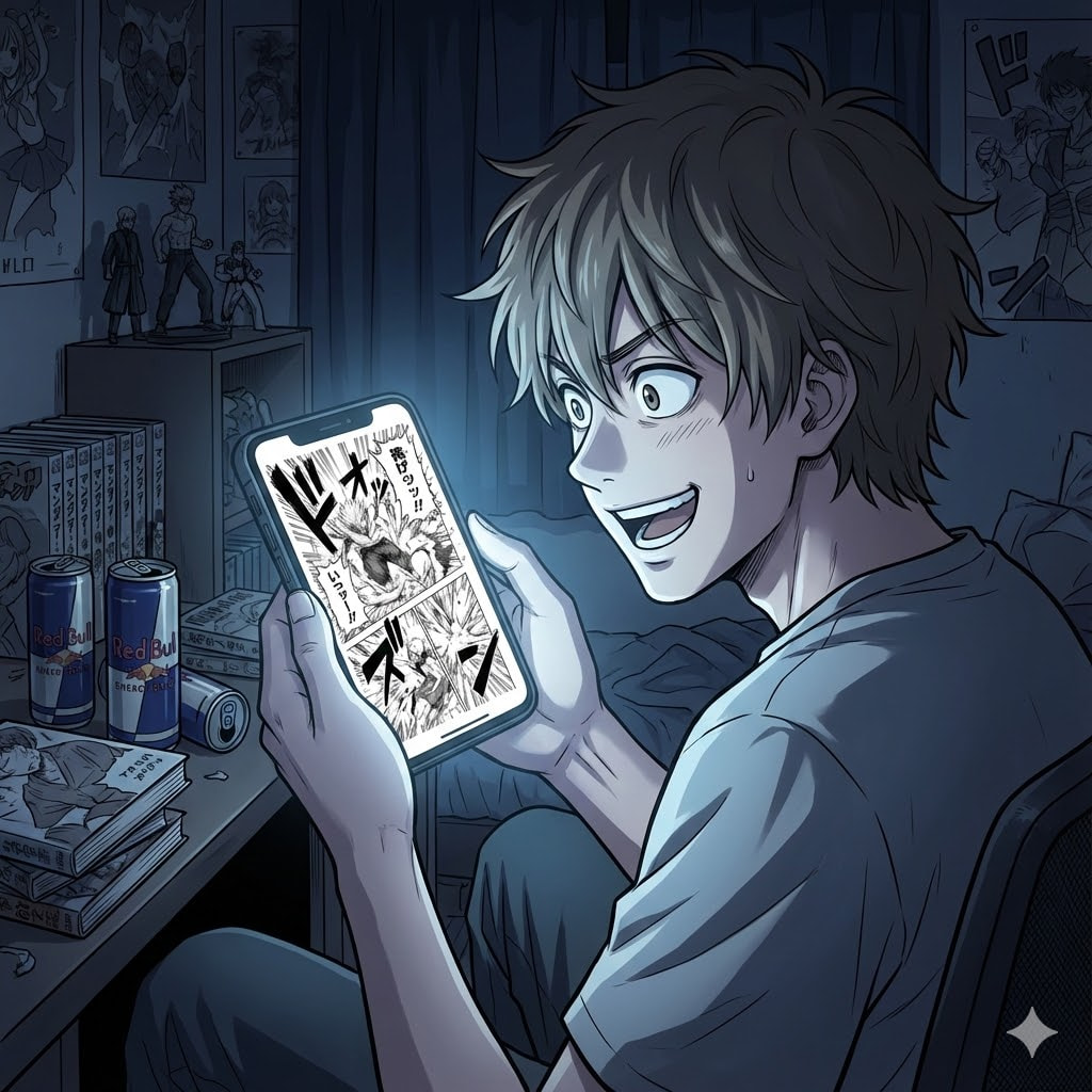 Fan reading raw manga scans on phone with excitement