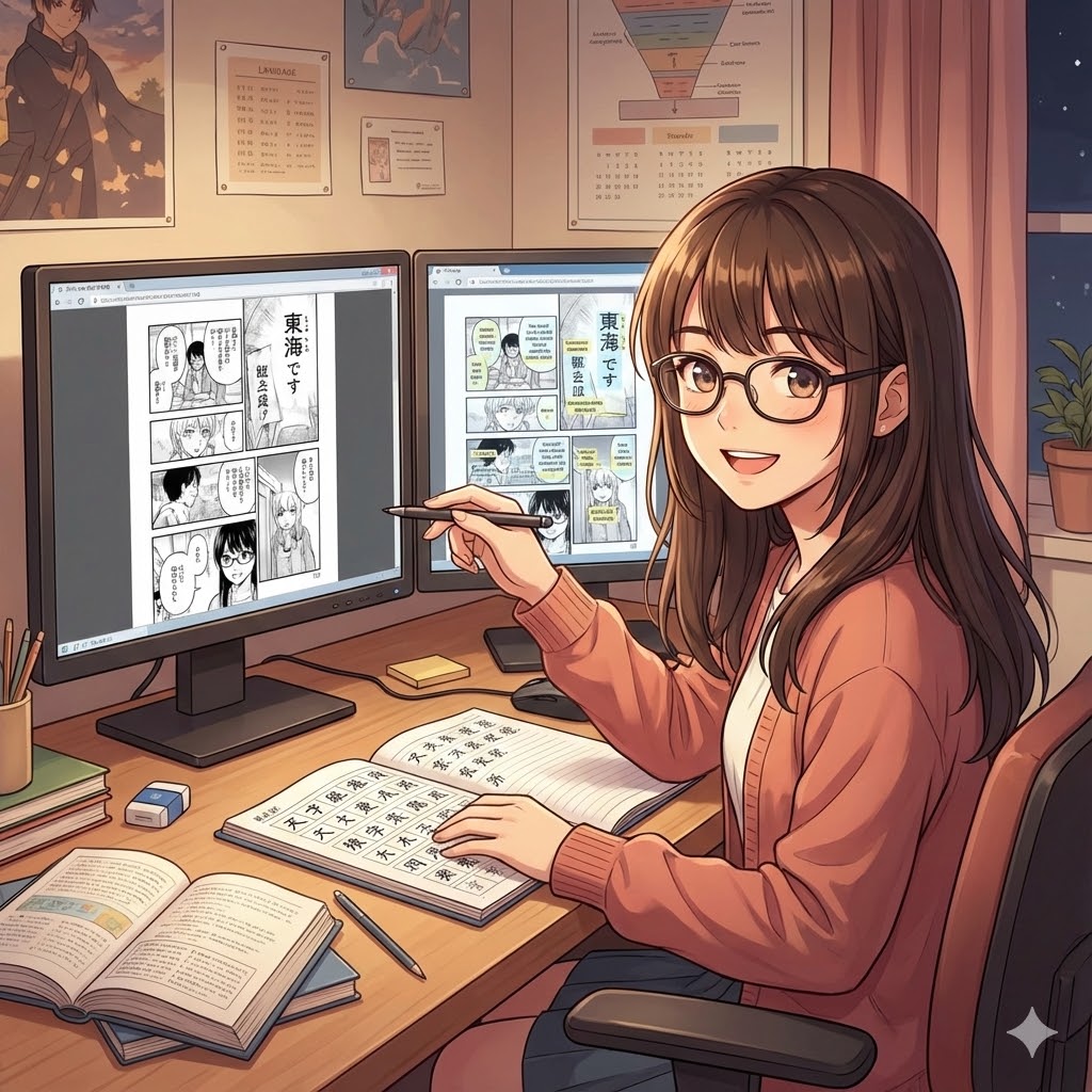 Student studying Japanese Kanji using bilingual manga