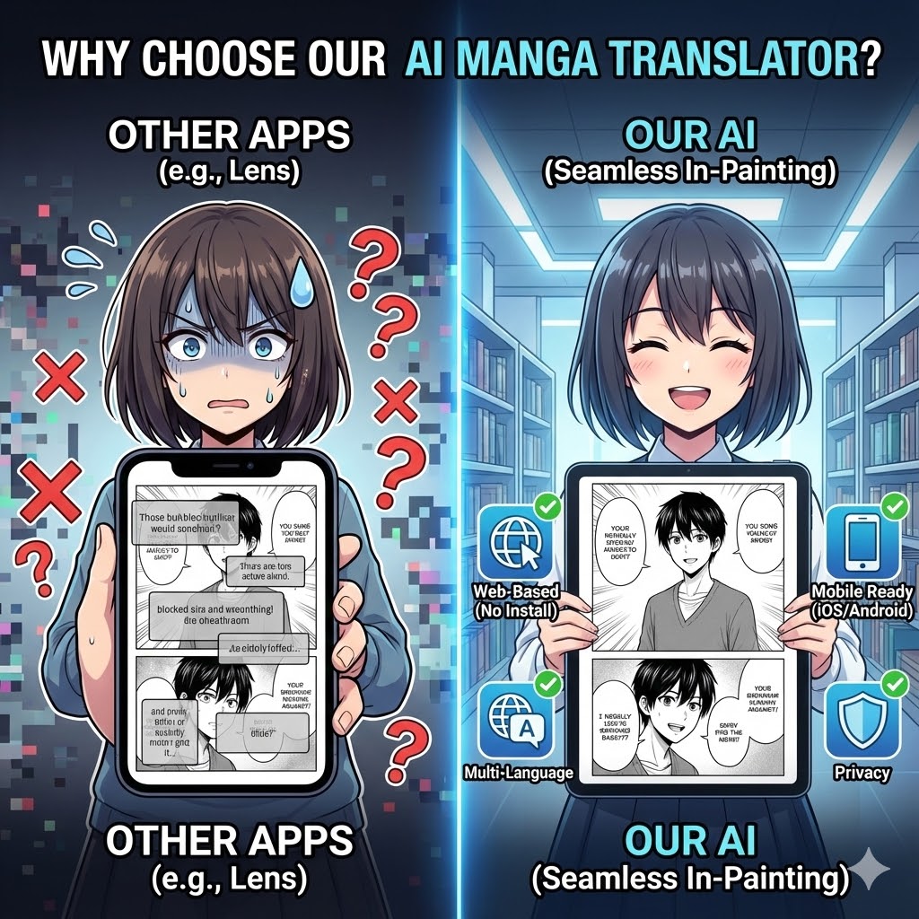 Comparison: Google Lens messy text overlay vs AI Manga Translator clean in-painting