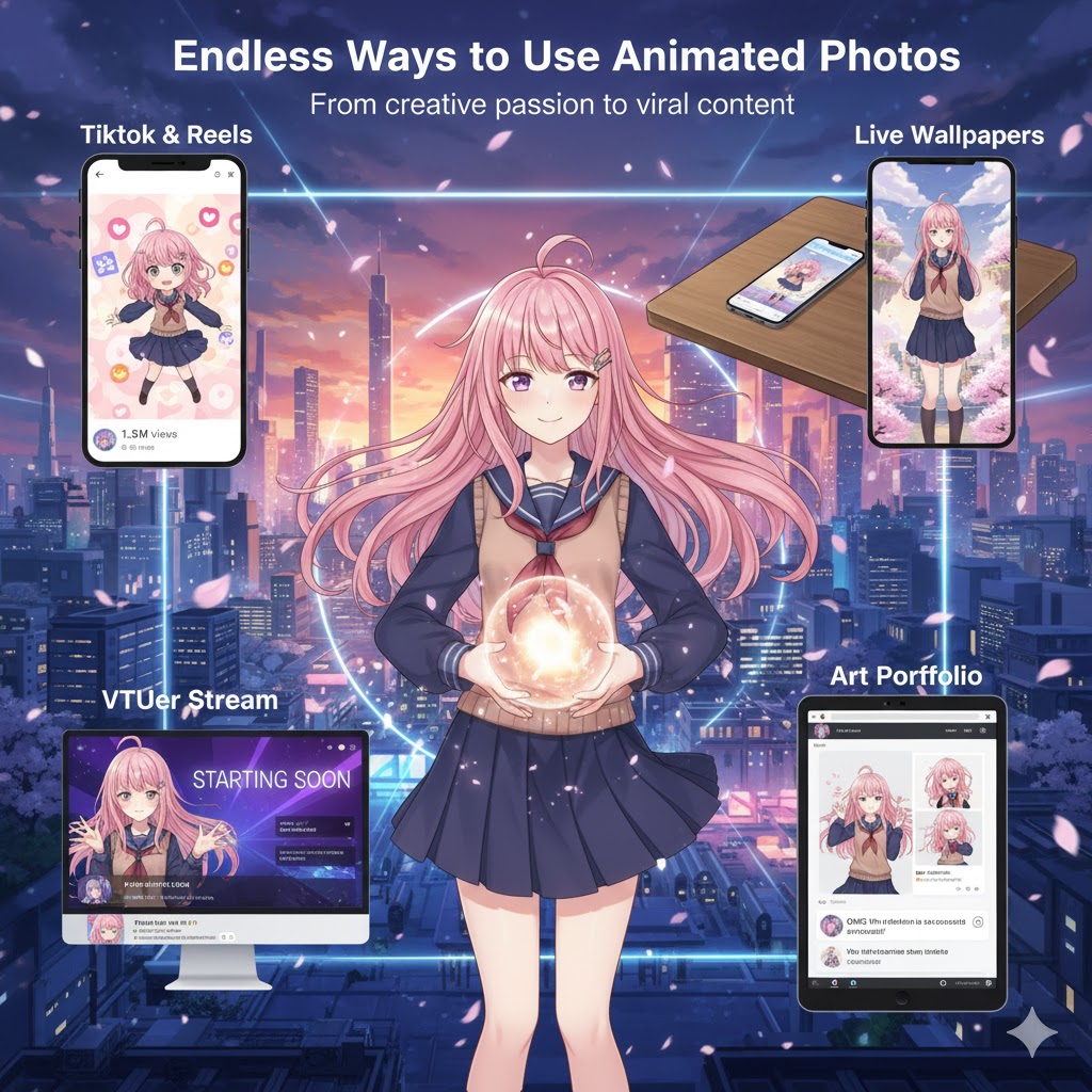 Various screens showing animated content on social media and desktops.