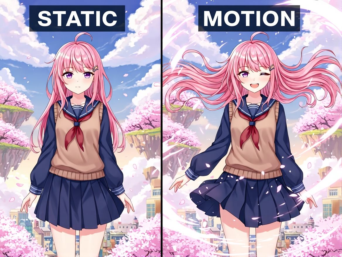 AI photo to animation effect applied to a static 2D anime character drawing.