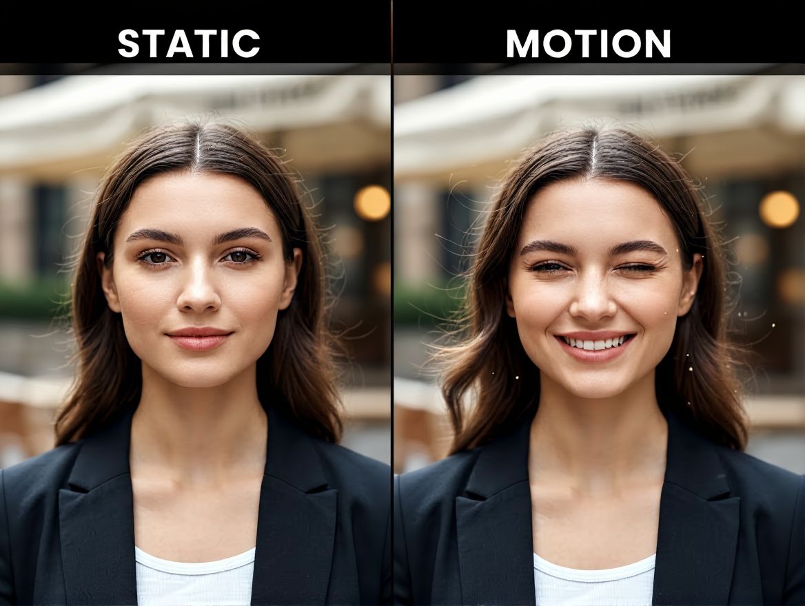 A static portrait photo being transformed into a moving video with AI face animation.