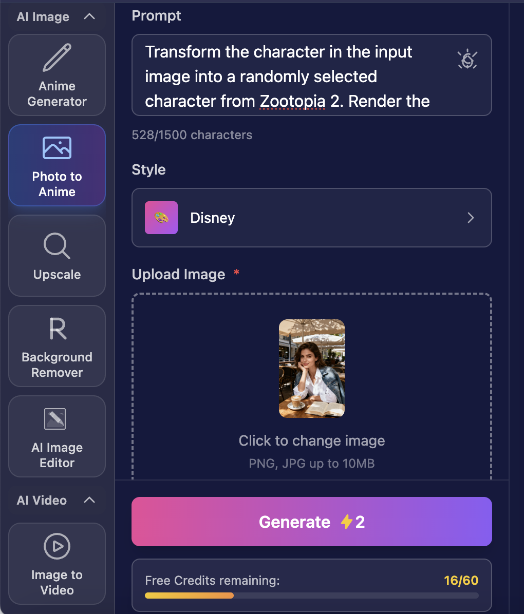 Uploading a photo and entering a text prompt to describe desired Zootopia scene.